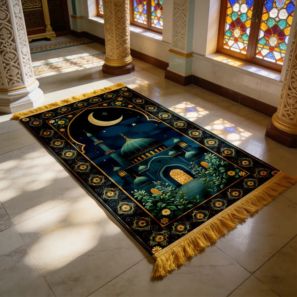 Teal Green Mosque Islamic Prayer Rug – Floral Arch Design | 3 Sizes
