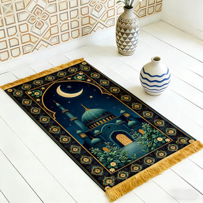 Teal Green Mosque Islamic Prayer Rug – Floral Arch Design | 3 Sizes