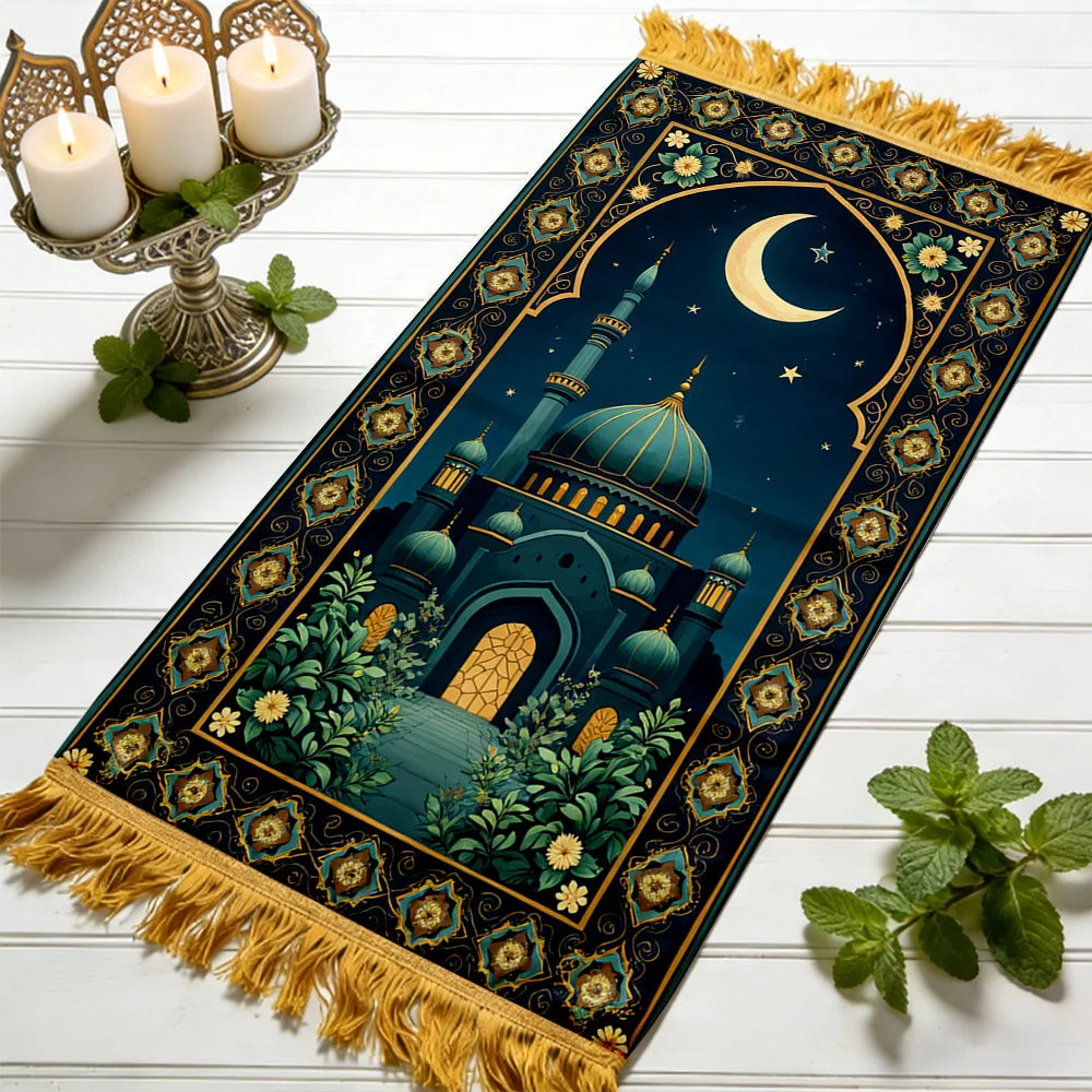 Teal Green Mosque Islamic Prayer Rug – Floral Arch Design | 3 Sizes